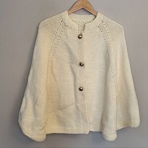 VTG Handmade Cream Ivory Knit Crochet Poncho Cape Gold Buttons Snaps One Size